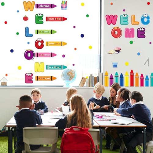 9 Sheet Welcome Back to School Crayon Window Clings for Classroom Decor