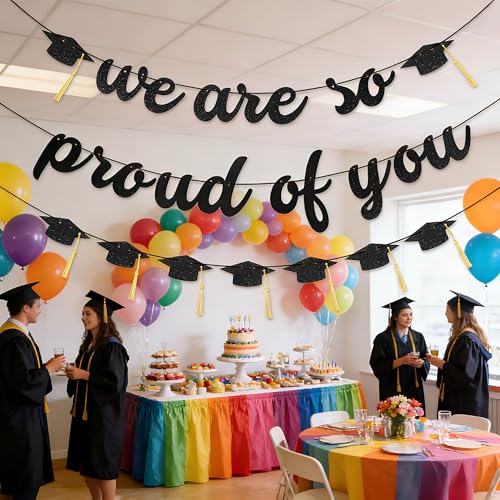 2026 Graduation Banner - Black Glitter 'We Are So Proud of You' Decor