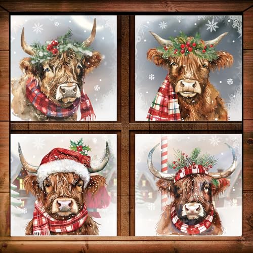 Christmas Window Clings Highland Cow Watercolor Holiday Decor Set - Reusable