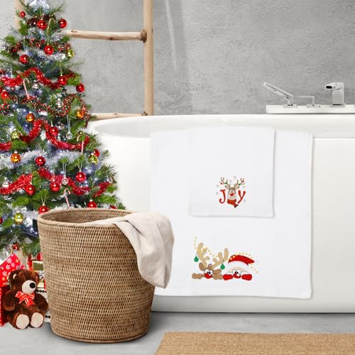 Christmas Embroidered Cotton Bathroom Towels Set of 3 - Santa Reindeer Holiday Decor