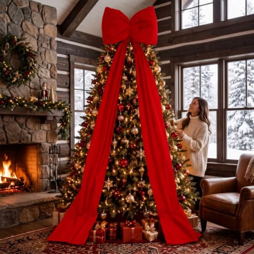 Giant Red Velvet Christmas Bow for Indoor Outdoor Decor - 6.6ft Streamers
