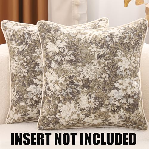 Beige Floral Throw Pillow Covers 18x18 Inches, Pack of 2