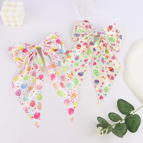 ANBALA 2Pcs Easter Hair Bow Clips, 10 Inch Big Satin Ribbon Barrettes with Tail for Women and Girls