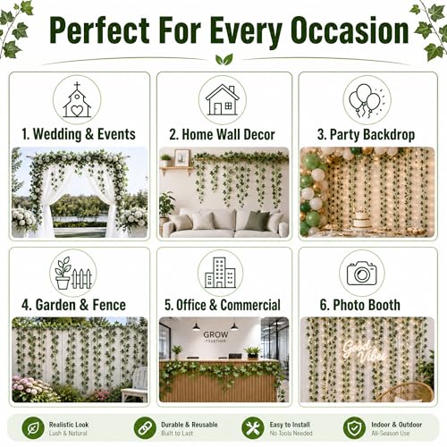 12 Pack Artificial Ivy Leaves Garlands - 7ft Indoor/Outdoor Decor