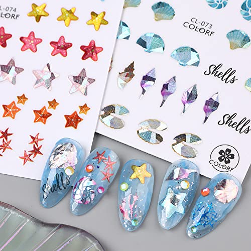 3D Sea Animals Nail Art Stickers - Holographic Ocean Shell & Fish Decals (8 Sheets)