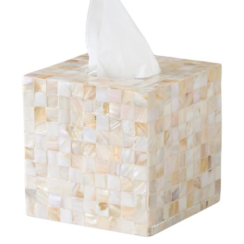 5.9” Mother of Pearl Tissue Box Cover for Kleenex and More – Handcrafted Square Tissue Holder with Sliding Bottom – Decorative Napkin Dispenser for Bathroom, Bedroom, Kitchen, Office
