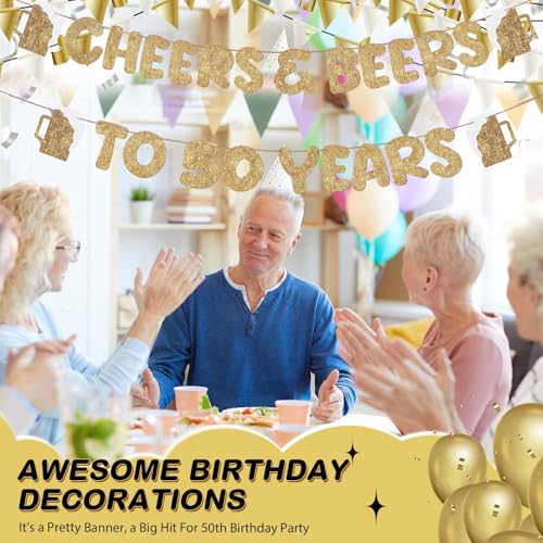 Cheers and Beers to 50 Years Gold Glitter Banner for 50th Birthday Party