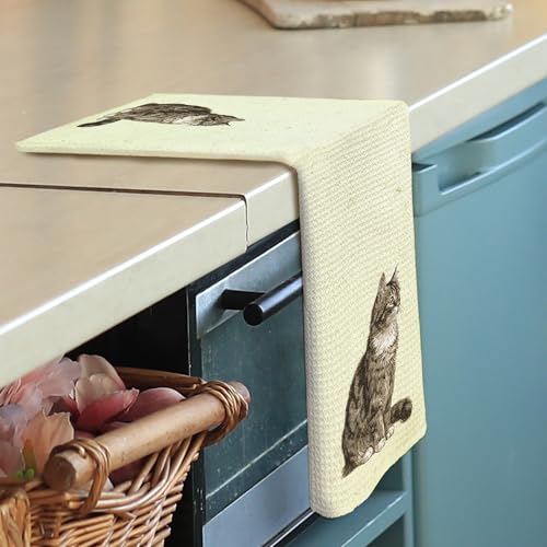 Vintage Cat Kitchen Towels for Cat Lovers - 16x24 Absorbent Dishcloths