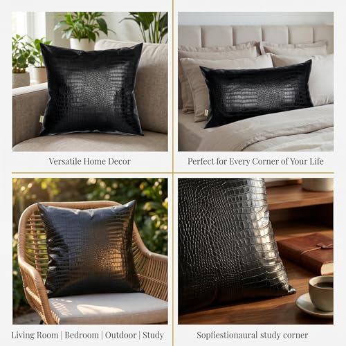 Black Crocodile Skin Faux Leather Pillow Cover, 12x20 Inch Rectangular Case