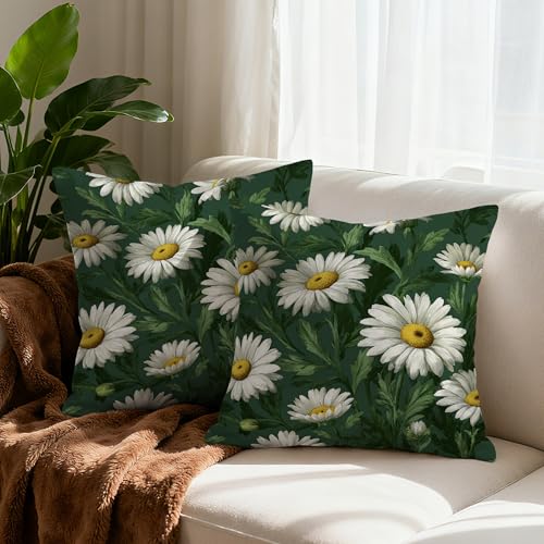 WitHero Dark Green Daisy Throw Pillow Covers, 18x18 Inch Floral Set of 2