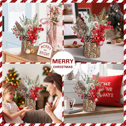 Christmas Tree Stump Mini Decor with Deer Bell & Pine Cones - Red Variation