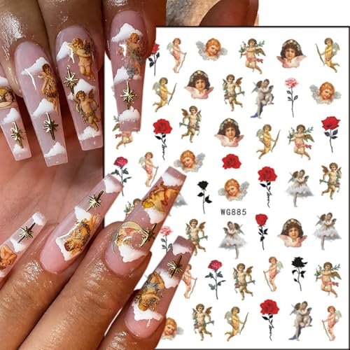 GUAACCB 8 Sheets 3D Angel Nail Stickers Cupid Wings & Rose Flower Decals