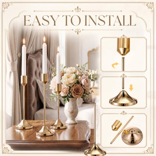 72 Pcs Brass Gold Taper Candle Holders Kit - Vintage Metal Candlestick Set