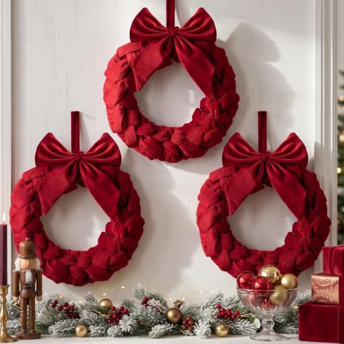 Christmas Velvet Wreath with Bow 14 Inch Front Door Decor in Red - Holiday Home Decoration