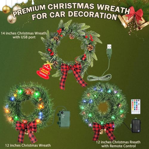 2-Piece RGB LED Car Wreaths for Truck Decorations - Festive Holiday Vehicle Decor