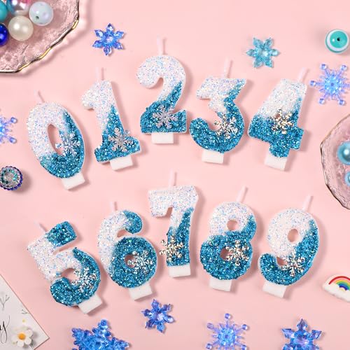 Glitter Snowflake Number Birthday Candles 0-9 - Blue & White