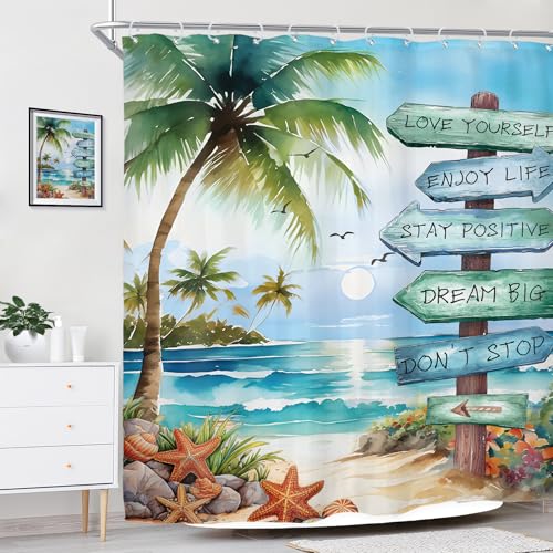 Riyidecor Tropical Palm Tree Shower Curtain 72x72 Inches with 12 Hooks - Coastal Beach Nautical Design Waterproof Fabric