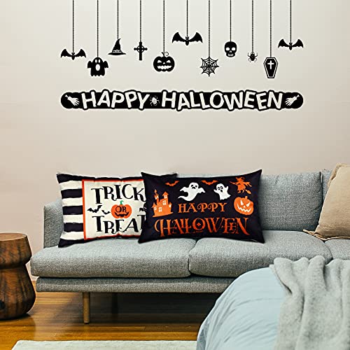 Halloween Throw Pillow Covers 12x20 - Set of 2 Ghost & Pumpkin Linen Cases