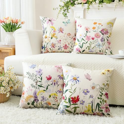 Artscope Floral Throw Pillow Covers Set of 4, 18x18 Inch Spring Decor