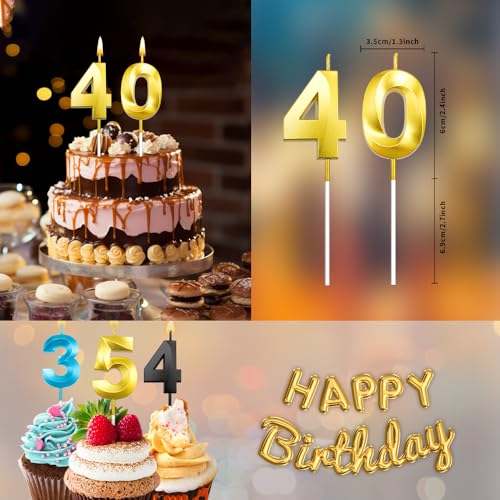 Gold 40th Birthday Candles - 2 Pack Cake Toppers for Men