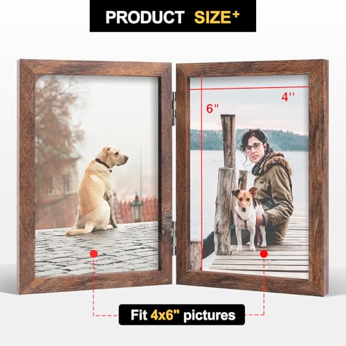 Rustic Wood Double Picture Frame 4x6 - Hinged Photo Display