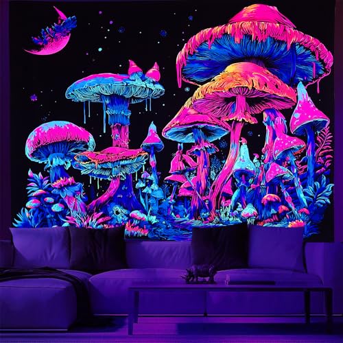 UV Reactive Blacklight Mushroom Tapestry 47" x 35" - Glow in the Dark Forest Wall Hanging