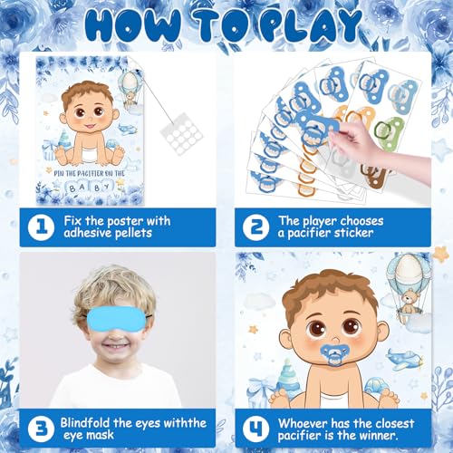 Pin The Pacifier On The Baby Game Set - Blue Baby Shower Party Activity