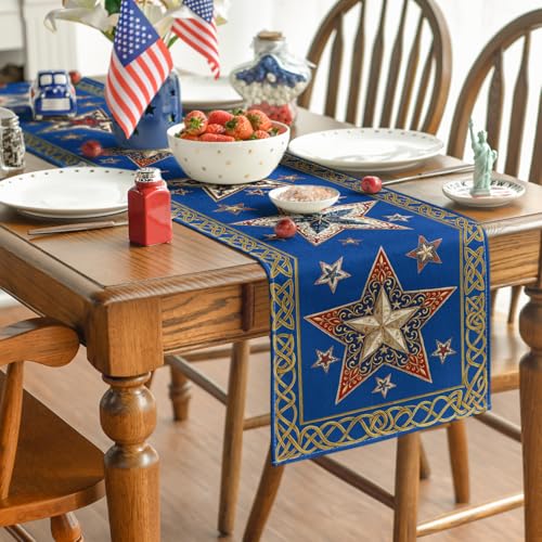 Artoid Mode 4th of July Table Runner - Blue Stars on Golden Border, 13x36 Inch