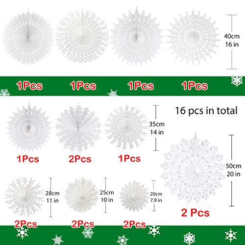 Christmas Snowflake Decorations Set of 16 - Winter Holiday Hanging Paper Snowflakes with String, Mixed Sizes 7.8-20 inches