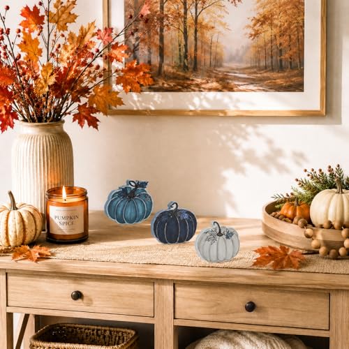 3-Piece Blue Wooden Pumpkin Tabletop Decor Set for Fall Harvest Home Styling