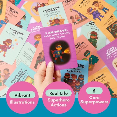 MindMint Superhero Affirmation Cards for Kids - 50 Daily Positive Cards with Stand