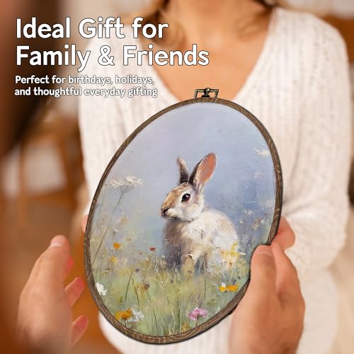 Easter Bunny Oval Wall Art Decor - Rustic Spring Rabbit Canvas 8.6x11.4