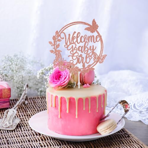 PEUTIER Welcome Baby Girl Cake Topper, Rose Gold Glitter, 8.27x5.71 Inch