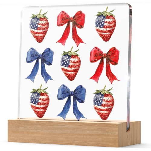 Patriotic Strawberry Acrylic Plaque with Wooden Stand for Independence Day Decor