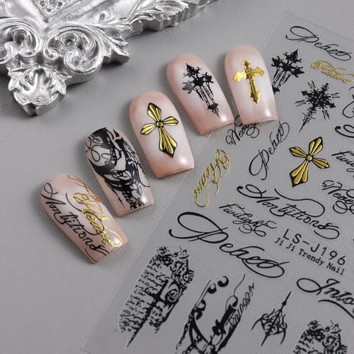 Gothic Cross Nail Stickers Black and Gold Self-Adhesive Decals 4 Sheets
