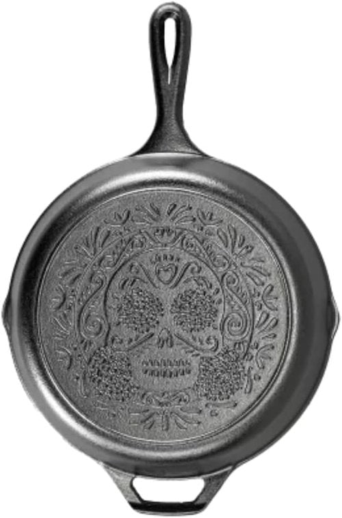 Lodge 10.25 Inch Pre-Seasoned Cast Iron Skillet - Versatile Sugar Skull Design - Ideal for Oven, Stove, Grill, or Campfire