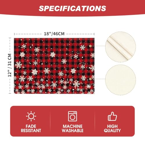 12x18 Inch Red and Black Buffalo Plaid Snowflakes Christmas Placemats Set of 8