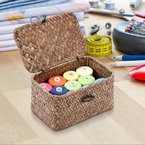 Hipiwe Handwoven Seagrass Basket with Lid - Mini Storage Organizer