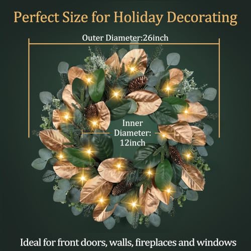 Magnolia 26 Inch Battery Operated Christmas Wreath with Lights - Prelit Cedar Door Decor