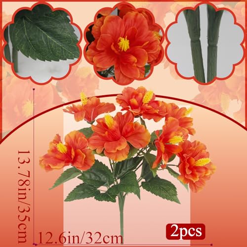 FRUNVS 2 Pcs Orange-Red Artificial Hibiscus Flowers for Outdoor Garden & Patio Decor
