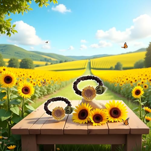 Brown Sunflower Hair Scrunchies 2-Pack Stretchy Elastic Ponytail Holders