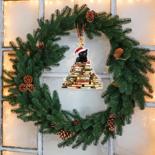 Haooryx Black Cat Christmas Ornament - Acrylic Book Lover Decor