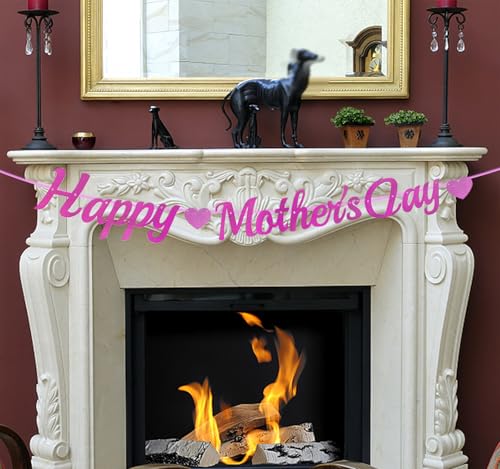 Happy Mother's Day Banner - Pink Glitter Heart Garland for Decor