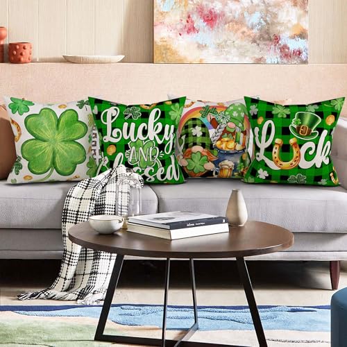 St. Patrick's Day Linen Pillow Covers 18x18, Shamrock Clover Set of 4