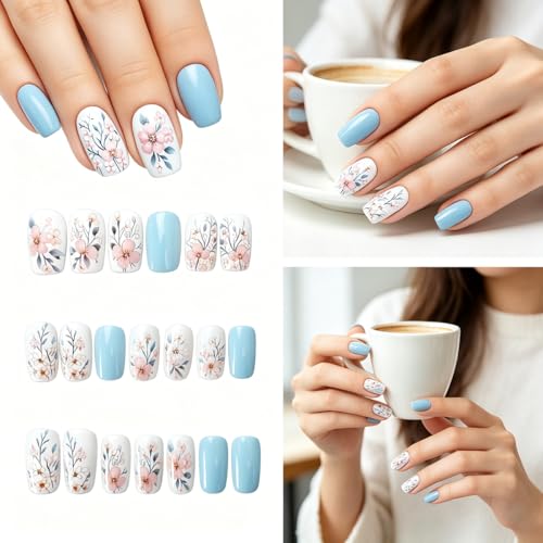KTAABTR Floral Press on Nails Pink Flower Square Fake Nails 24Pcs