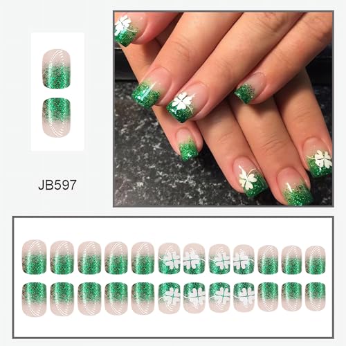 St. Patrick's Day Short Square Green French Tip Press on Nails with Clover