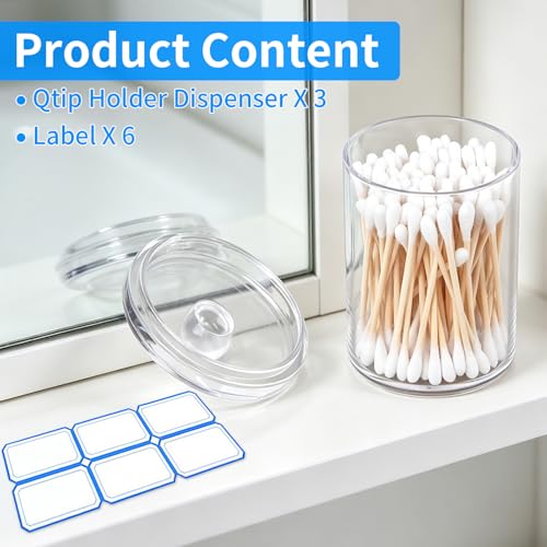 3-Pack Clear Acrylic Qtip Holder Dispenser for Bathroom Storage