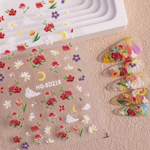 5D Embossed Flower Nail Art Stickers - Colorful Daisy Floral Decals Set (6 Sheets)