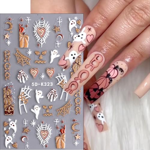 5D Halloween Nail Stickers Cute Ghost Pumpkin Self-Adhesive Decals 3 Sheets