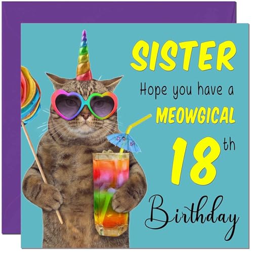Funny 18th Birthday Card for Sister - Meowgical Cat Design
